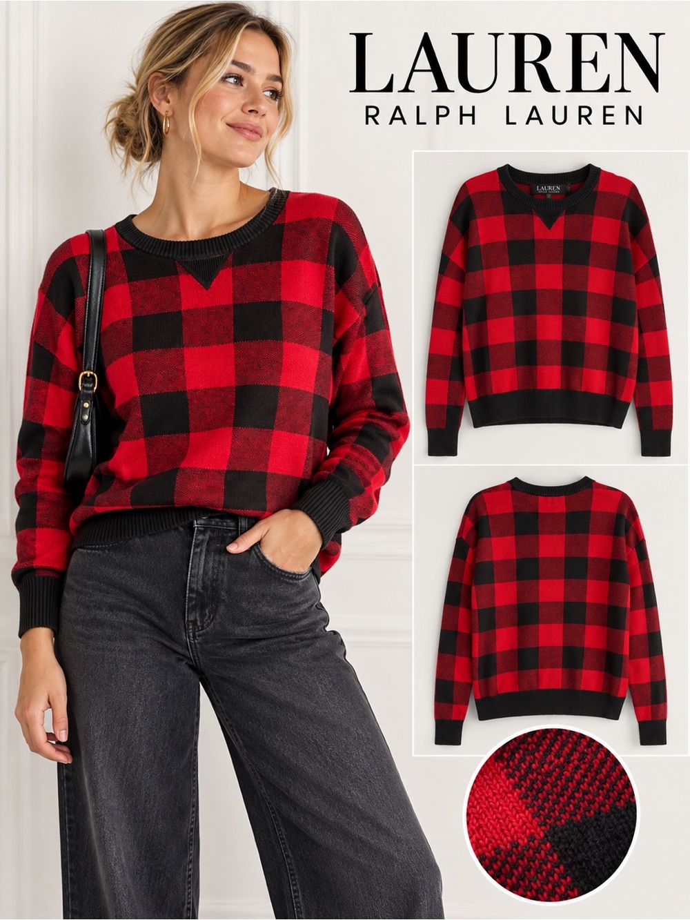 Lauren Ralph Lauren Red & Black Buffalo Plaid Sweater – Size MP - Cotton/Modal